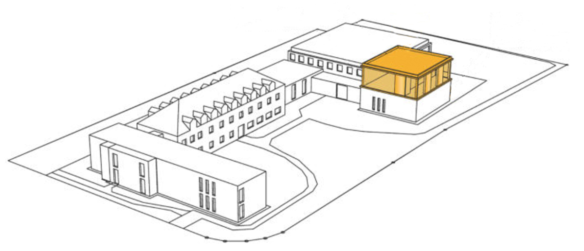 Axonometrie desAkademie-Ensembles; gelb die Aufstockung (c Mamuth Architekten)