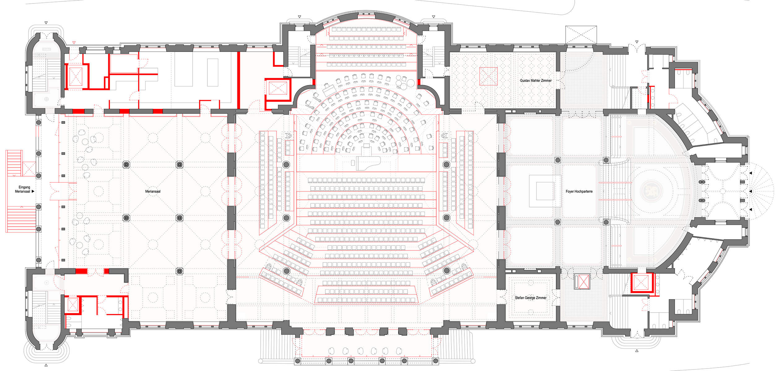 Grundriss des Hochparterre-Hauptgeschosses; rot gekennzeichnet sind die baulichen Veränderungen.
