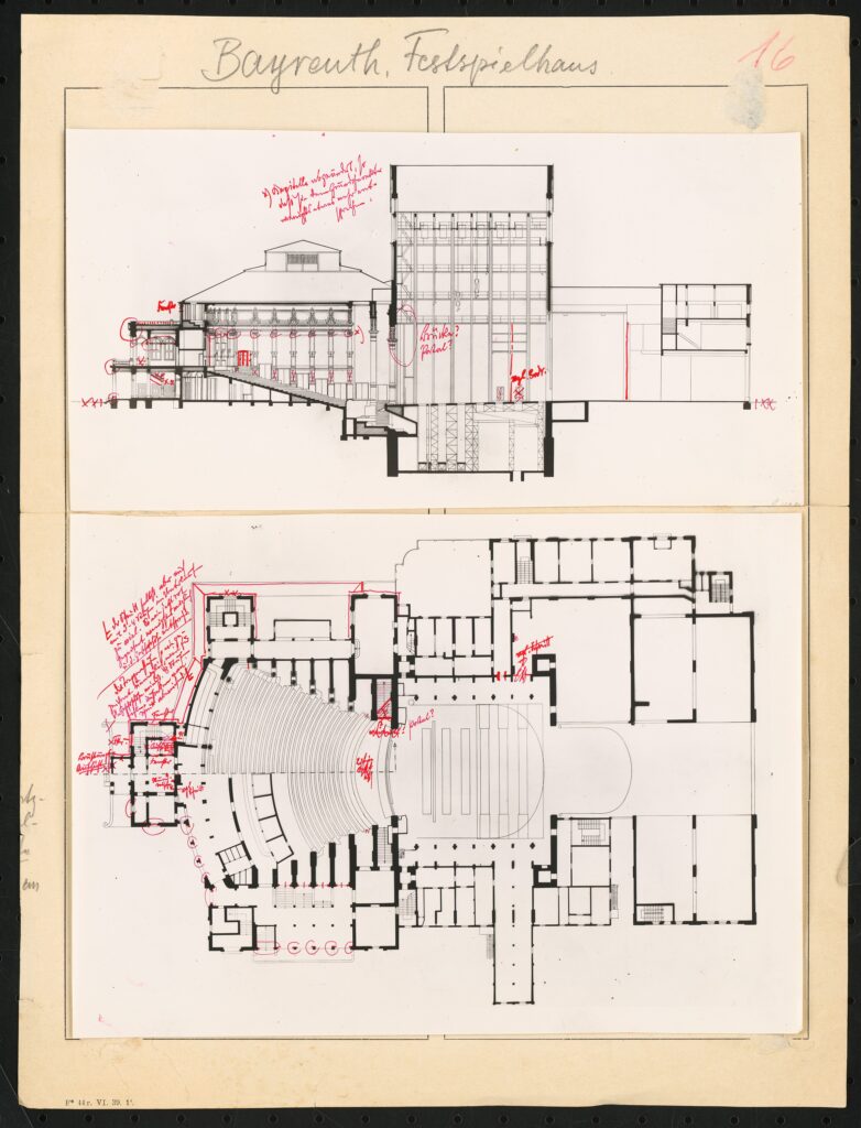 Grundriss und Längsschnitt des Festspielhauses (Quelle: Inv. Nr. TBS 054,09. Paul Otto Brückwald. Reprofotografie: Tusche über Foto auf Papier 34,2 x 26,1 cm. Architekturmuseum der TU Berlin)